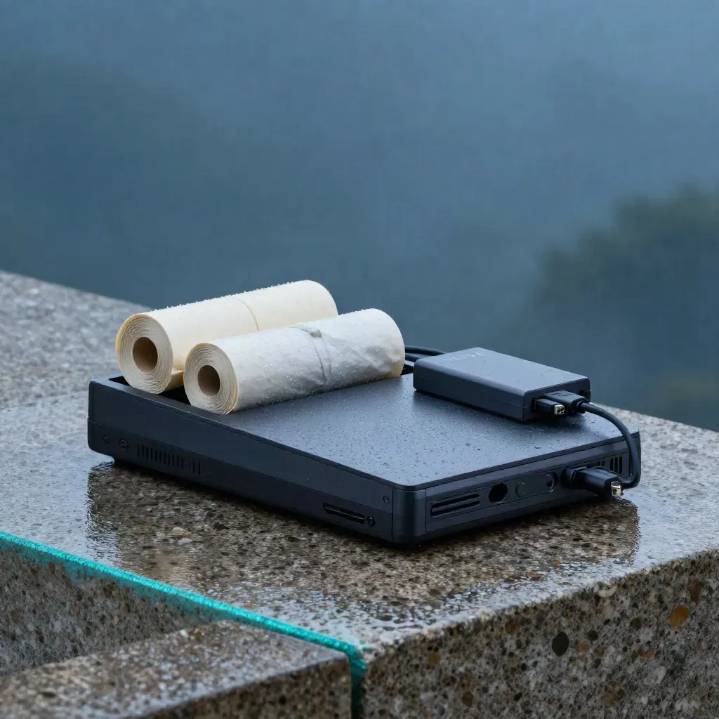 PAX payment terminal, dock, rolls and cable on wet stone at blue hour with soft cyan glow