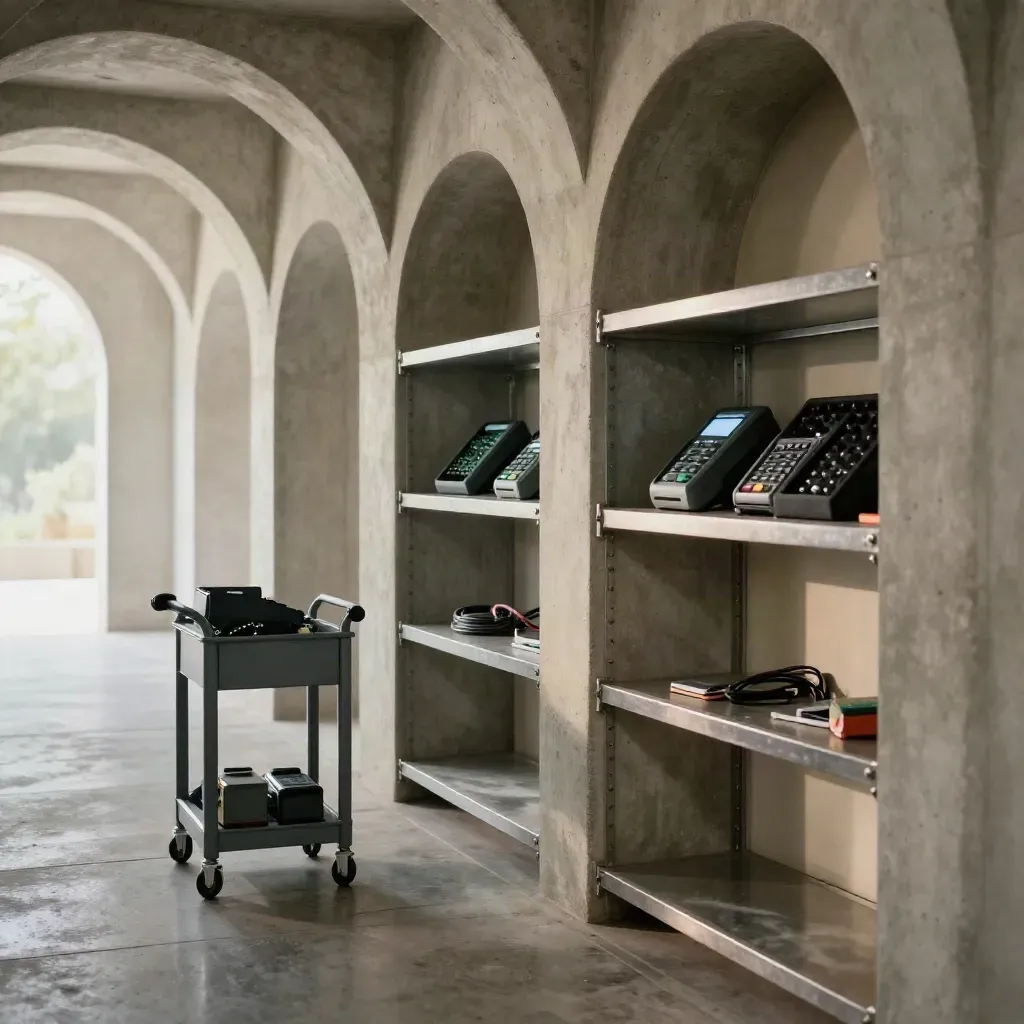Storm-lit repair corridor with terminal parts, shelving, and a tool cart in a calm concrete space.