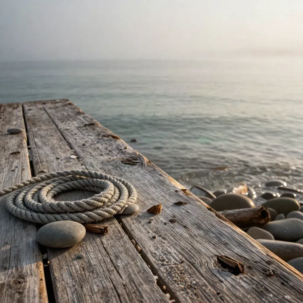 Weathered timber overlook with coiled rope, stones and misty water at golden hour