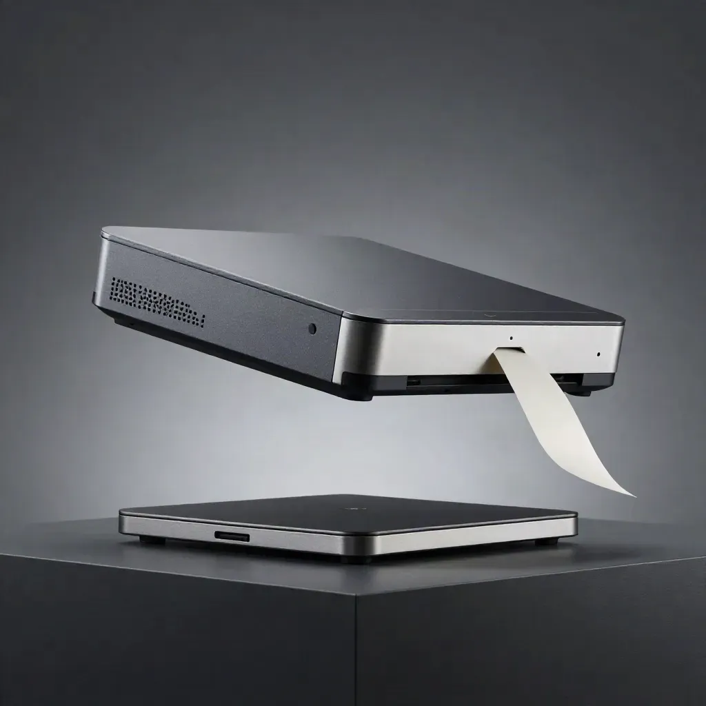 Floating Pax Desk Pro Terminal above a charcoal plinth with a curled paper strip.