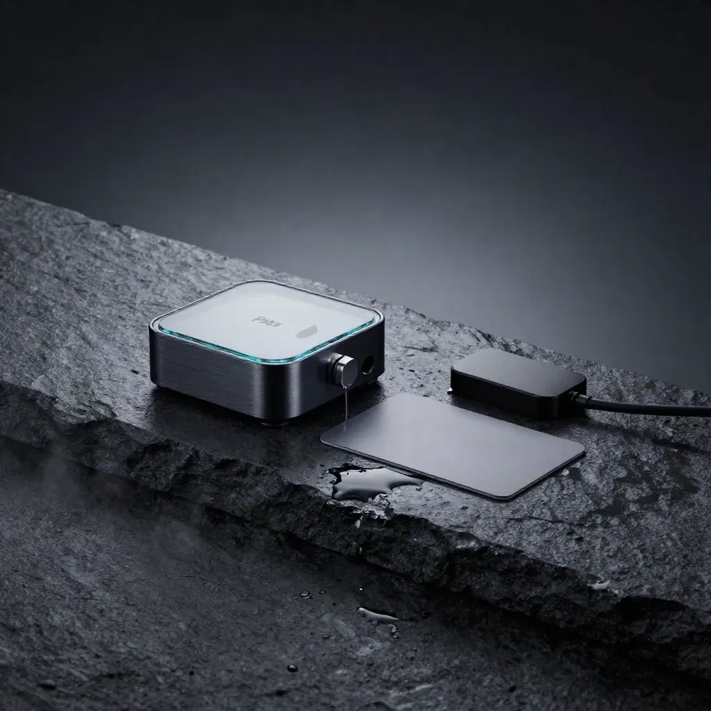 Floor-level product shot of a Pax Tap Mini Reader on wet basalt beside a card sleeve and charger.