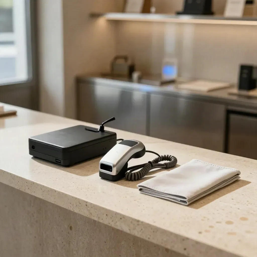 Payment terminal, tap reader and dock on a stone counter in a modern shop, softly lit.