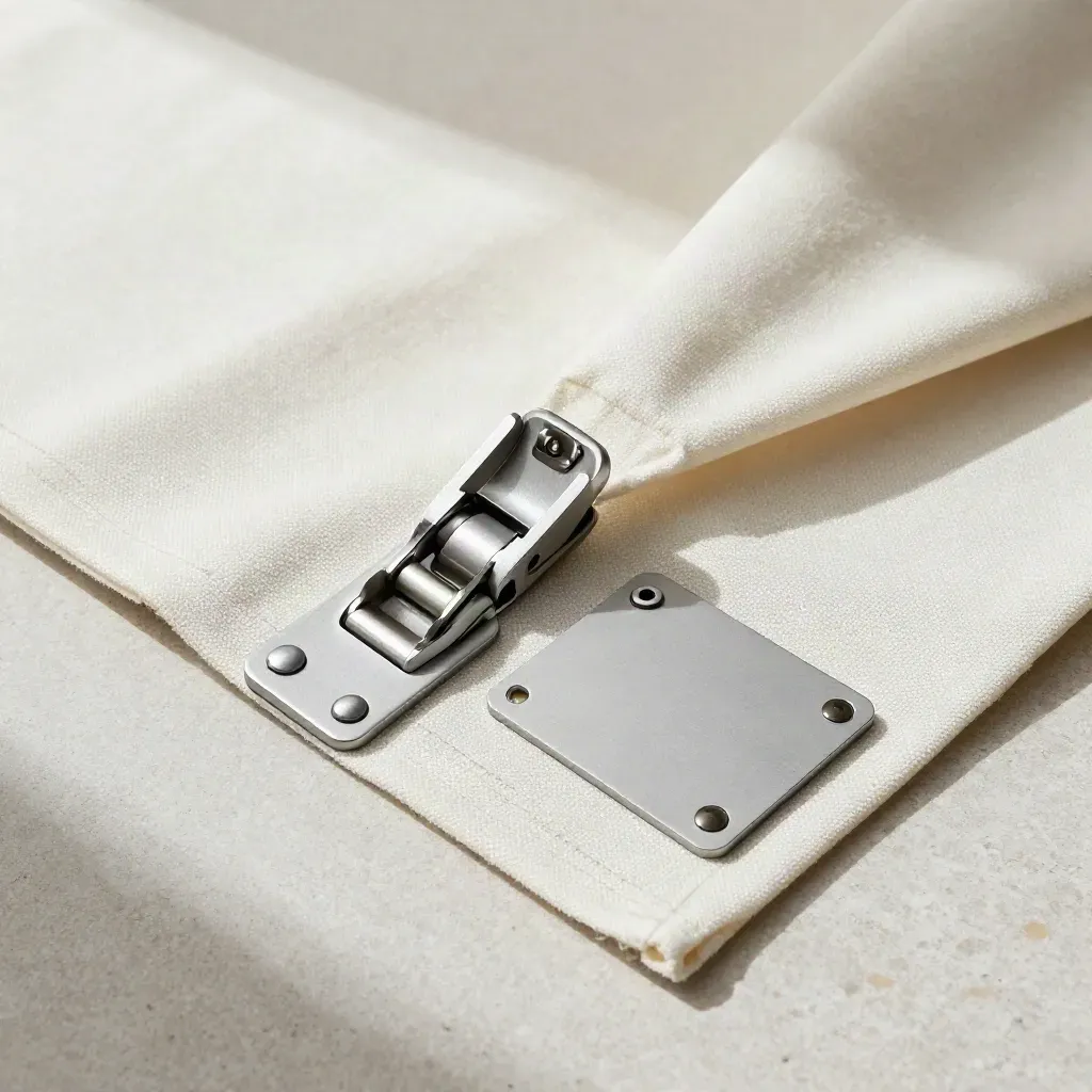 Overhead flatlay of a card-terminal stand kit in folded off-white canvas.