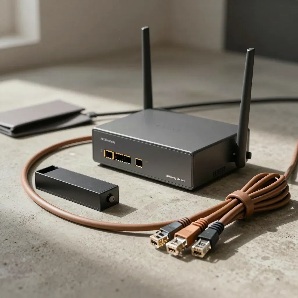 Pax Gateway Link Box with router, ethernet cables, and adapter block on concrete