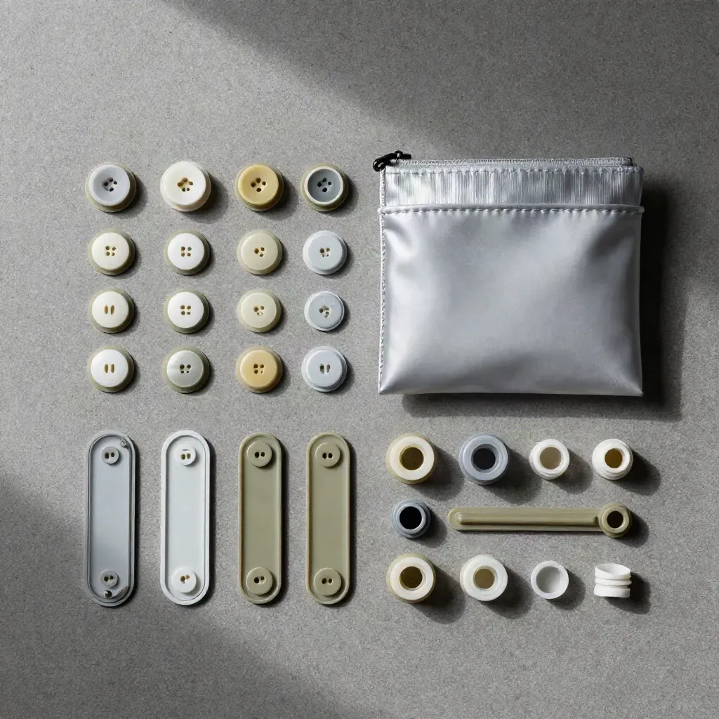 Overhead flatlay of a Pax repair kit with membranes, pouch, and silicone parts on concrete.