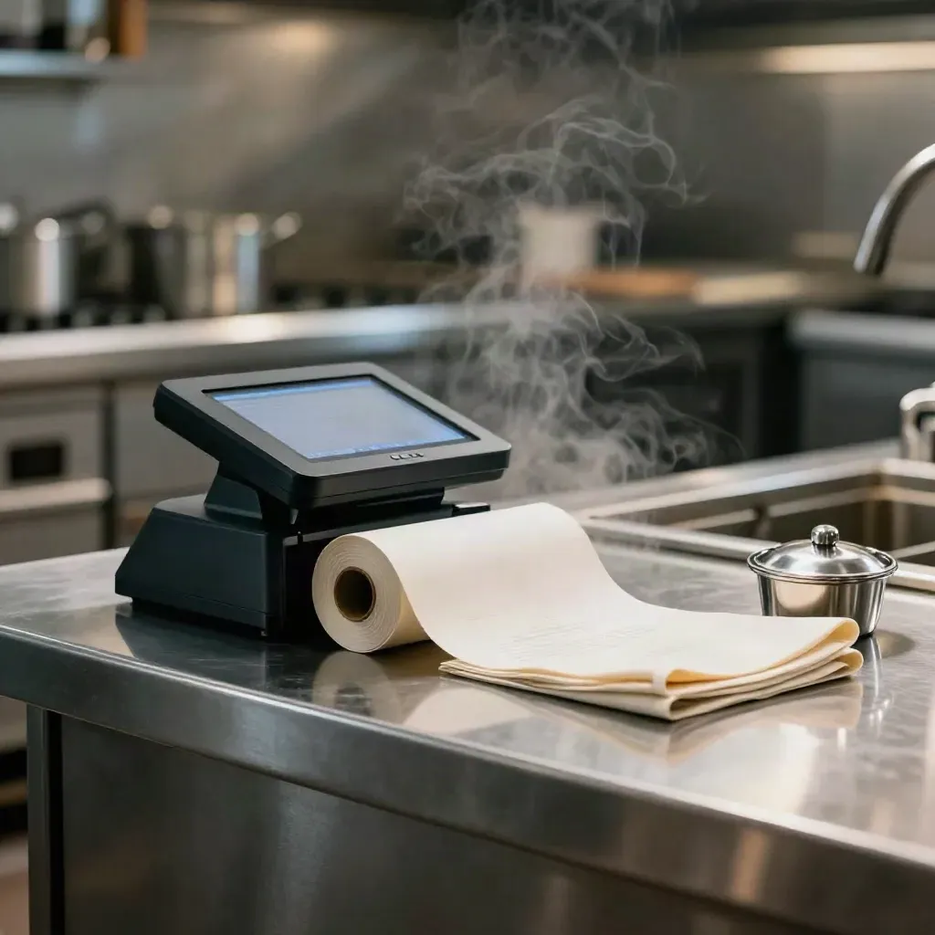 Kitchen payment terminal on a stainless pass with steam, paper roll, napkin, and ramekin