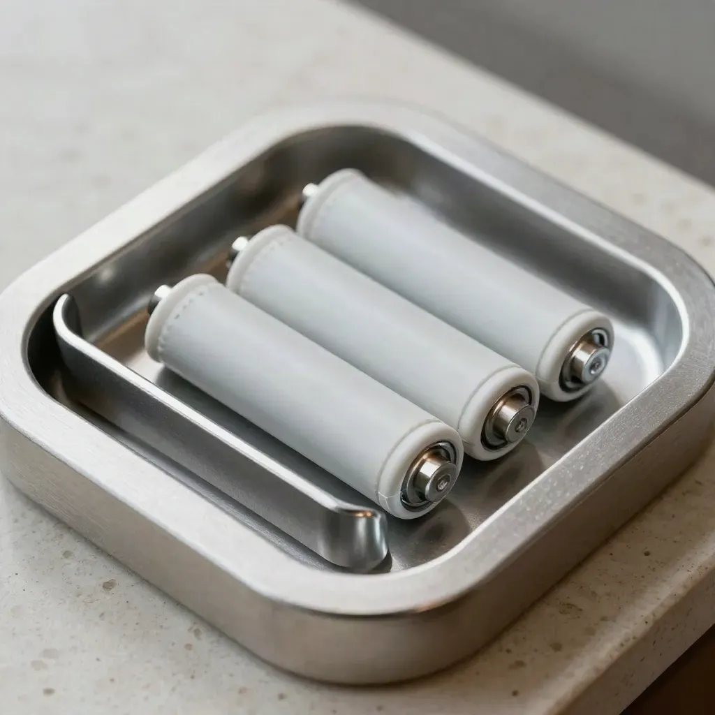 Swap battery pack, spare cells and charging cradle in a shallow metal tray on pale stone.