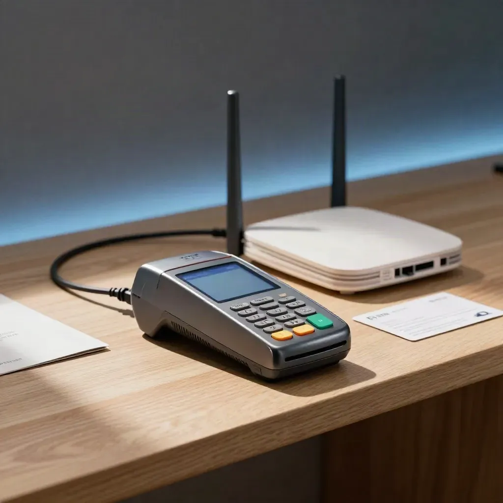 Onboarding terminal, router, cable and sleeve on pale oak shelf in soft daylight.