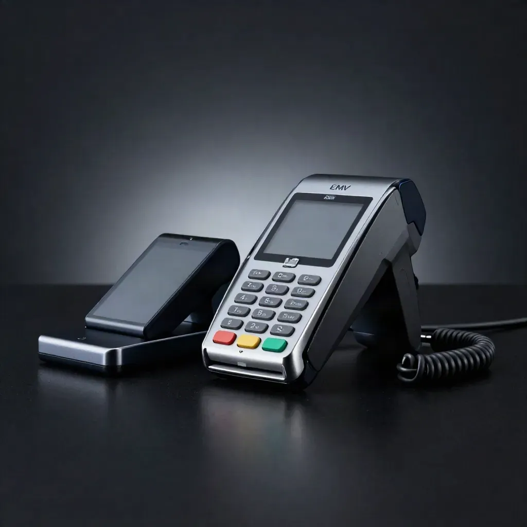 A dramatic bundle of payment terminal, reader, dock and cable on a dark studio surface.