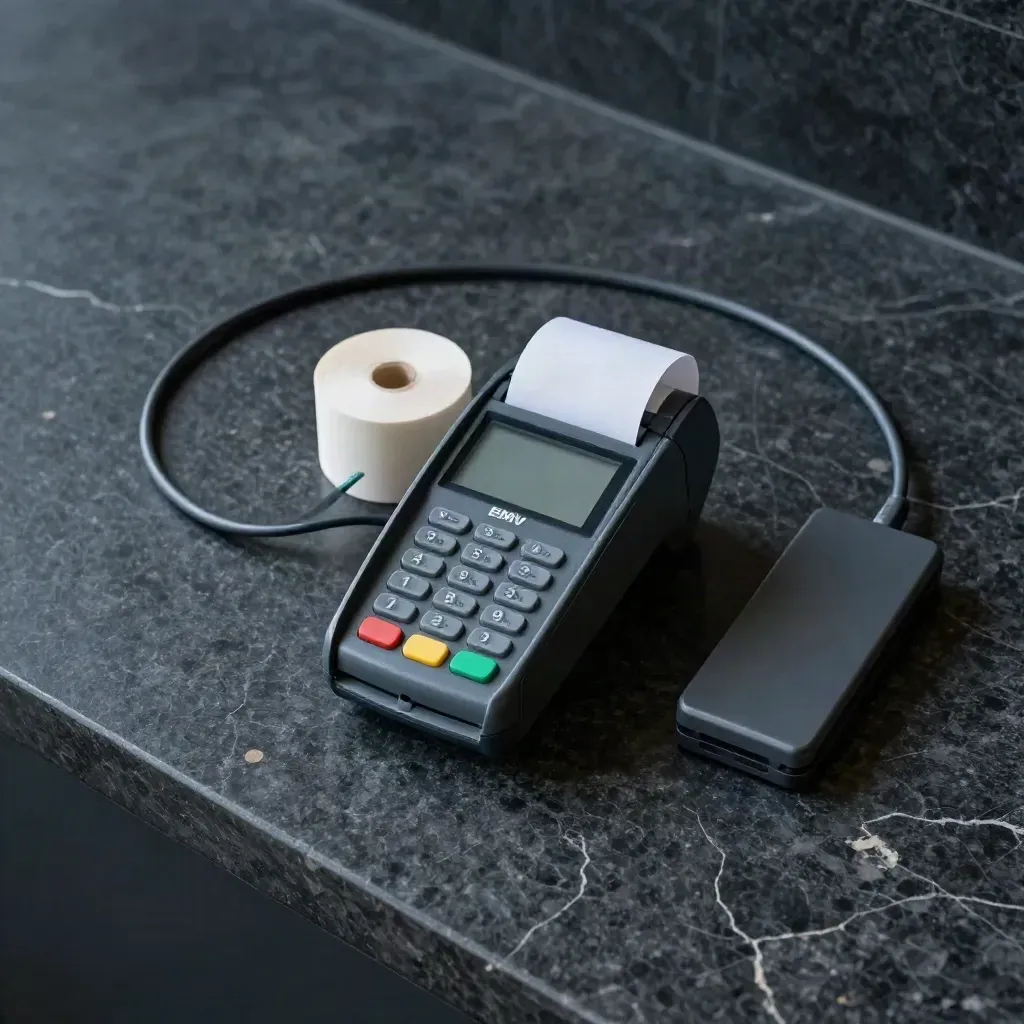 Overhead flatlay of a payment terminal, blank roll, dock and cable on dark limestone.