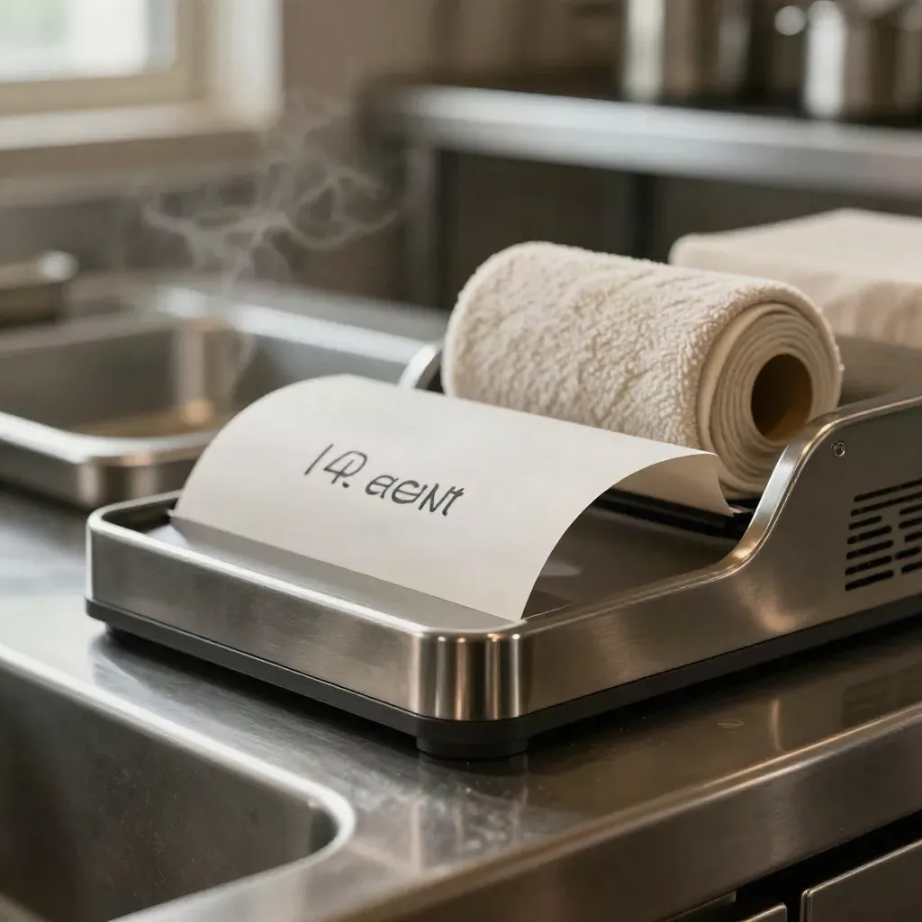 Receipt print dock on a stainless kitchen pass with steam, towel, and tray.
