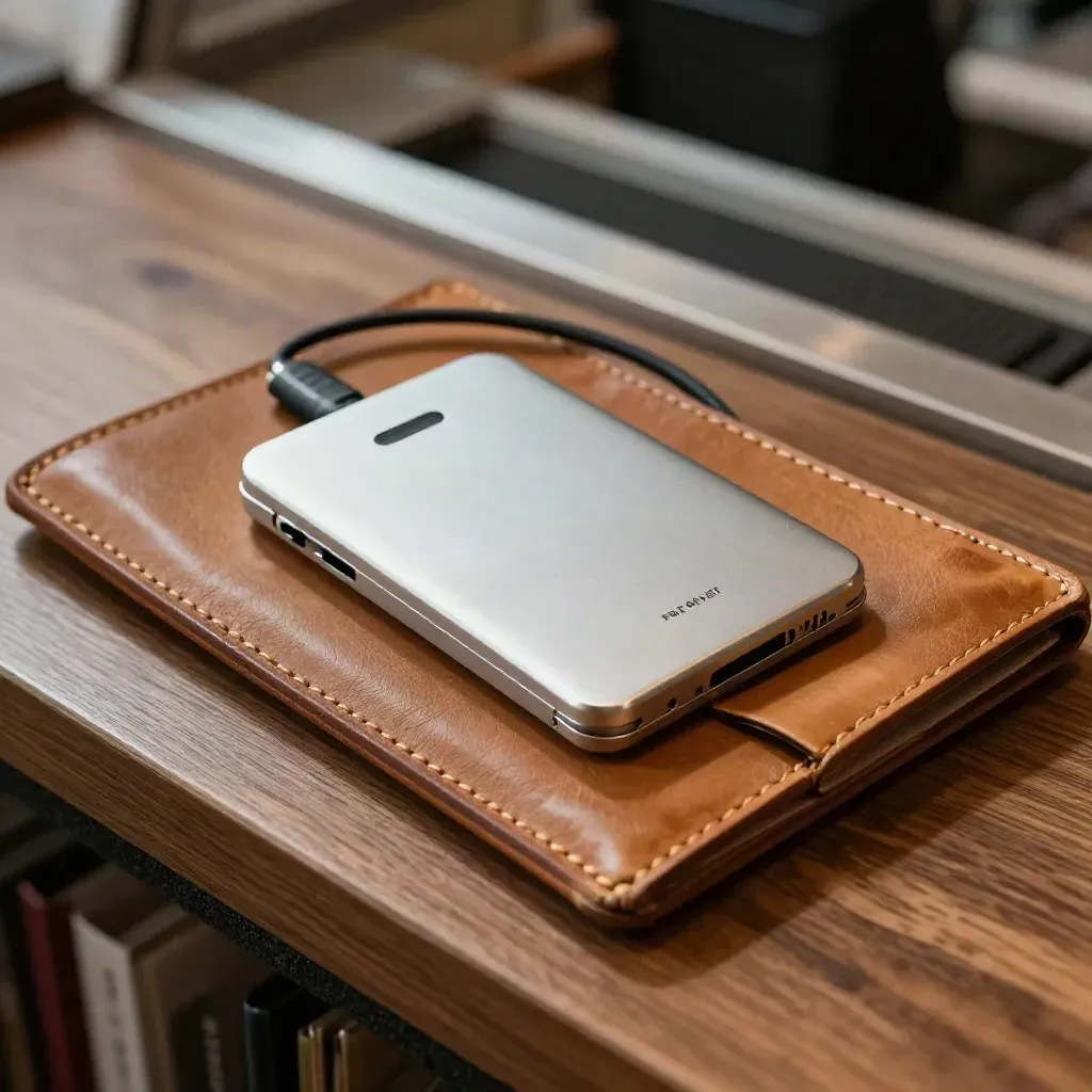 Macro of a tap payment reader clipped to a worn leather folio with silver hardware and charging lead