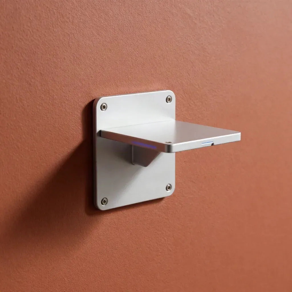Wall-mounted Pax stand on raw plaster with a crisp diagonal shadow and tiny blue accent.