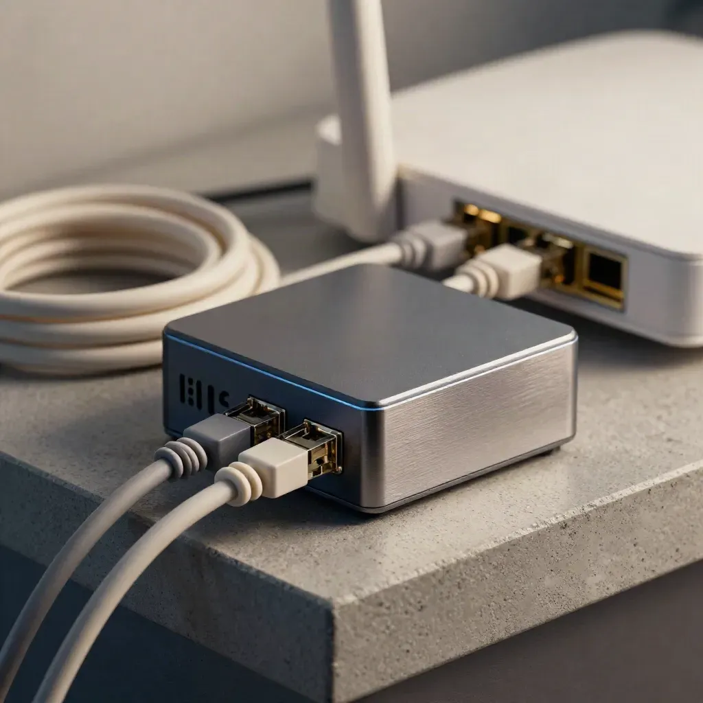 Macro of a compact payment gateway pod with coiled ethernet cables and a blurred router.