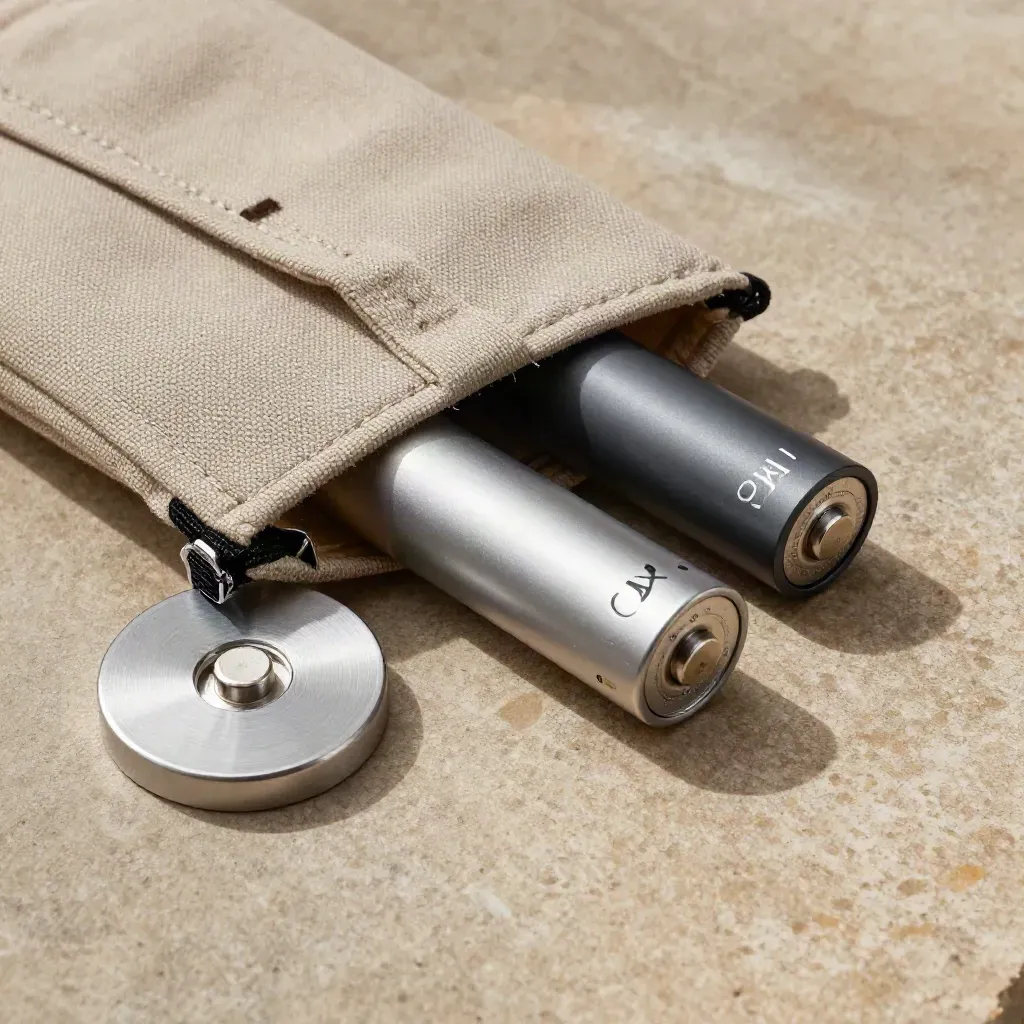 Overhead flatlay of a battery half-out of a canvas pouch beside a cradle and spare cell on limestone