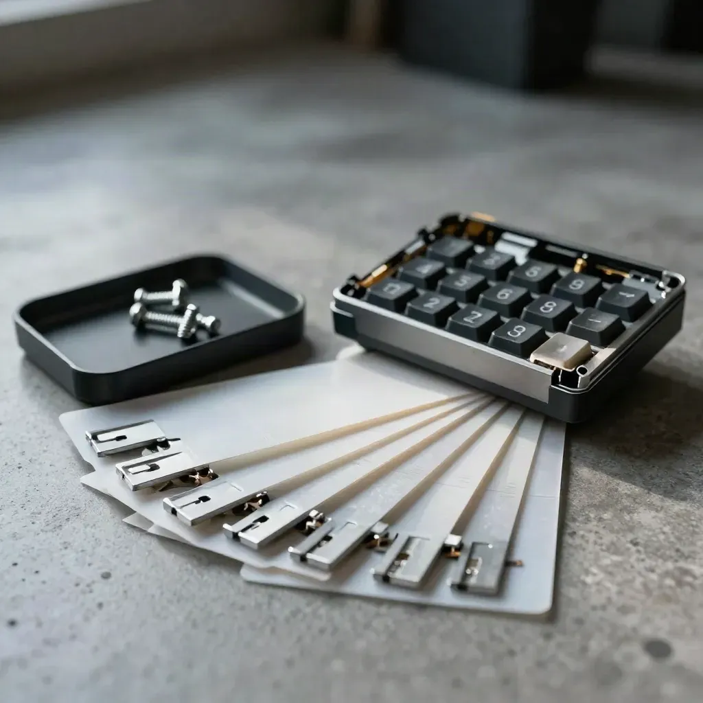 Keypad repair kit with keys, membrane sheet, and tray on a dark concrete workbench.