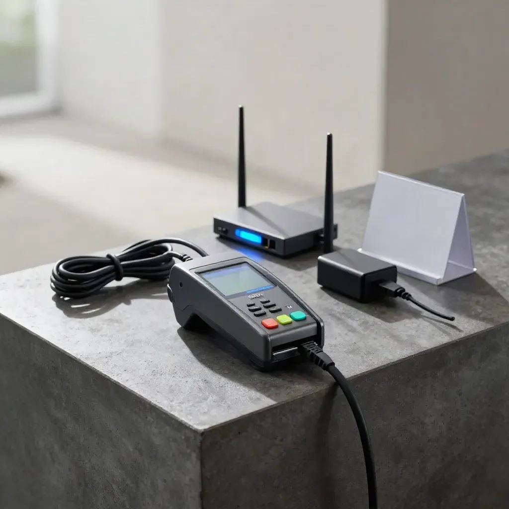 Payment terminal setup bundle with router, cable coil, and blank support card on concrete.