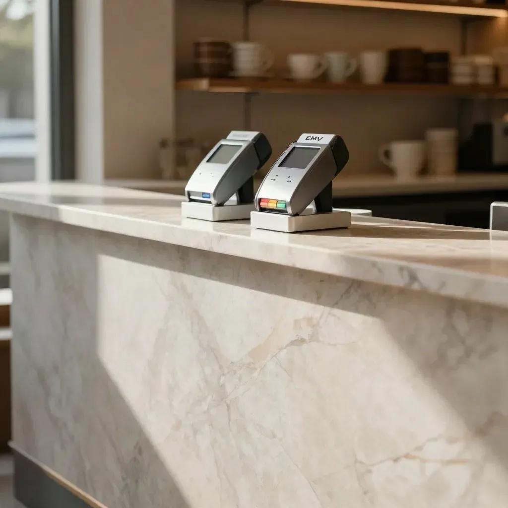 Marble checkout ledge with two terminal docks and a blurred cafe shelf in soft morning light