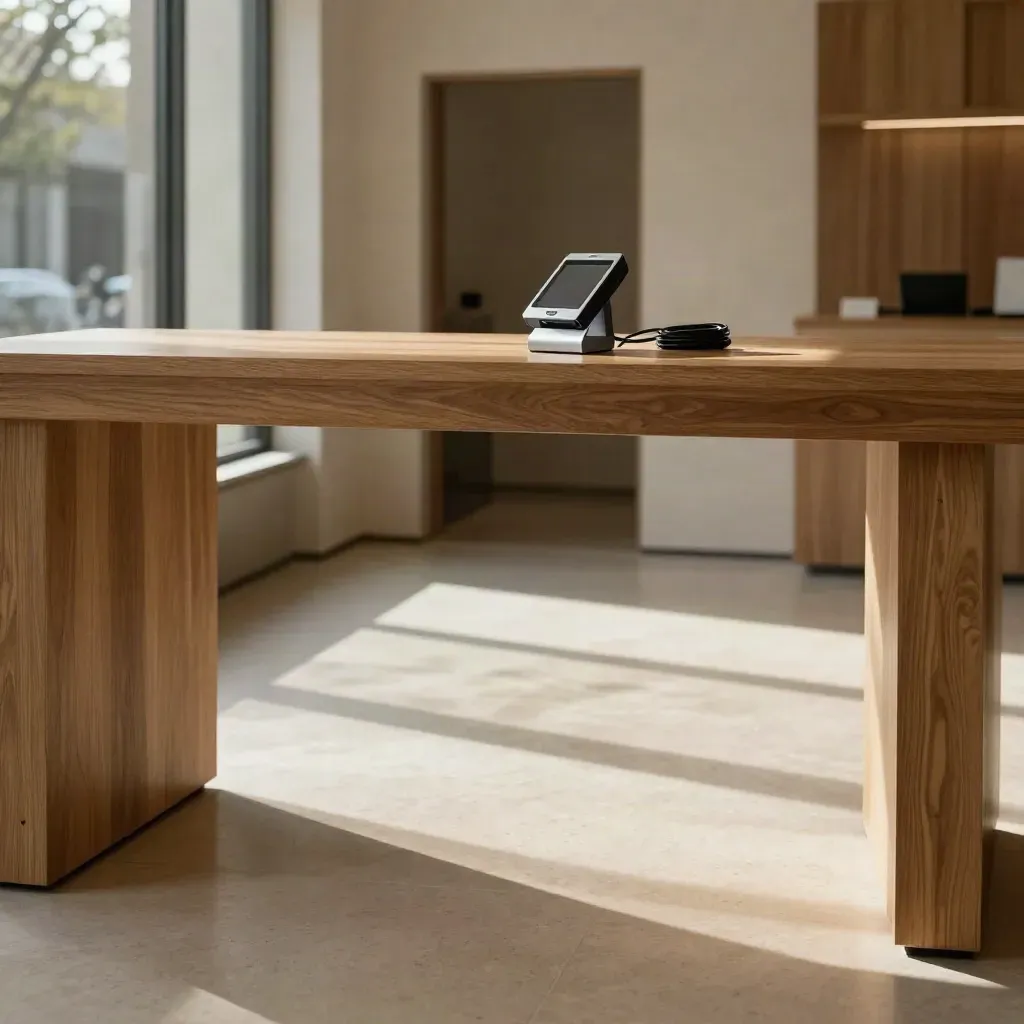 Oak payment counter with a contactless reader in sunlit retail interior